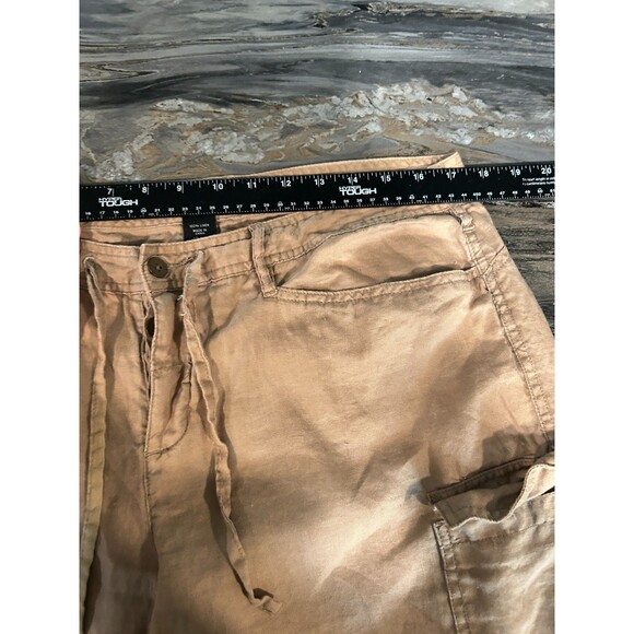 Express Womens Linen Cargo Pants 13/14 Cropped Tan Button Fly Drawstring Beach - Picture 7 of 11